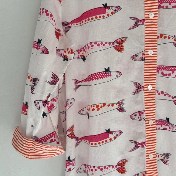 Gretchen Scott Blouse Womens XL Fish Print Button Up Shirt Beach Vacation Cotton - Picture 6 of 12